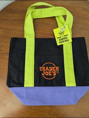 Trader Joe's Canvas Tote Bag in Black with Lime Green Handles and Purple Base